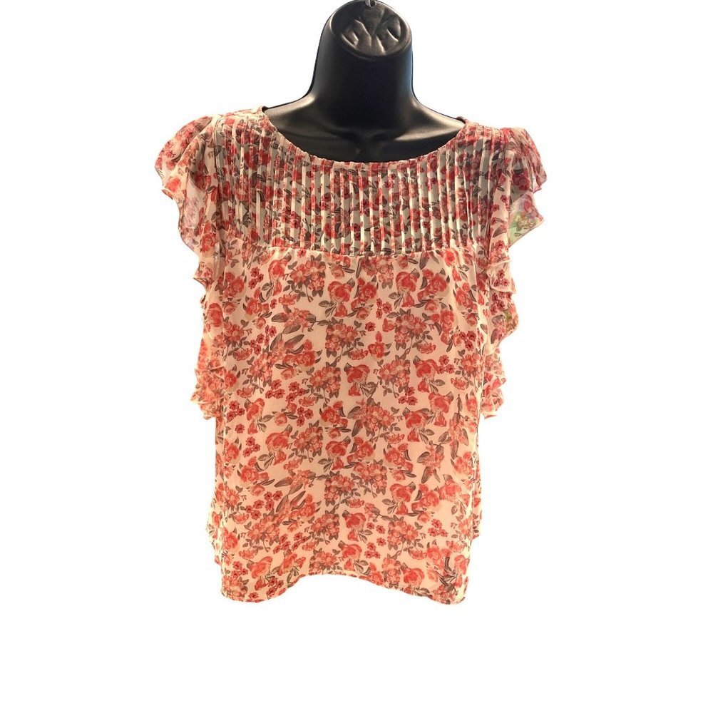 BB Dakota Pink White Floral Ruffle Cap Sleeve Sheer Cottagecore Top Sz S